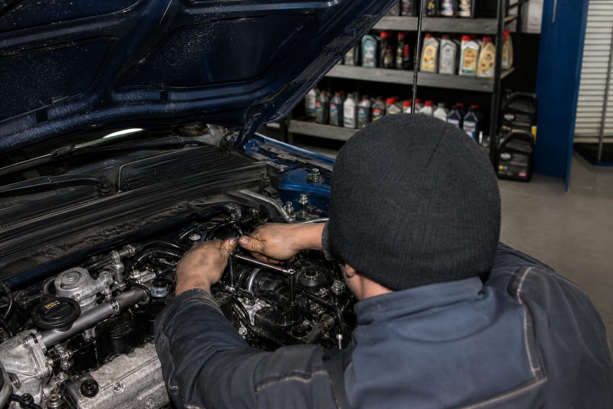 Mechanic in workshop — preparing LPG/CNG installation Autogas MD
